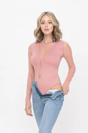 Long Sleeve Slim Fit See-Through Polka dot Mesh Bodysuit