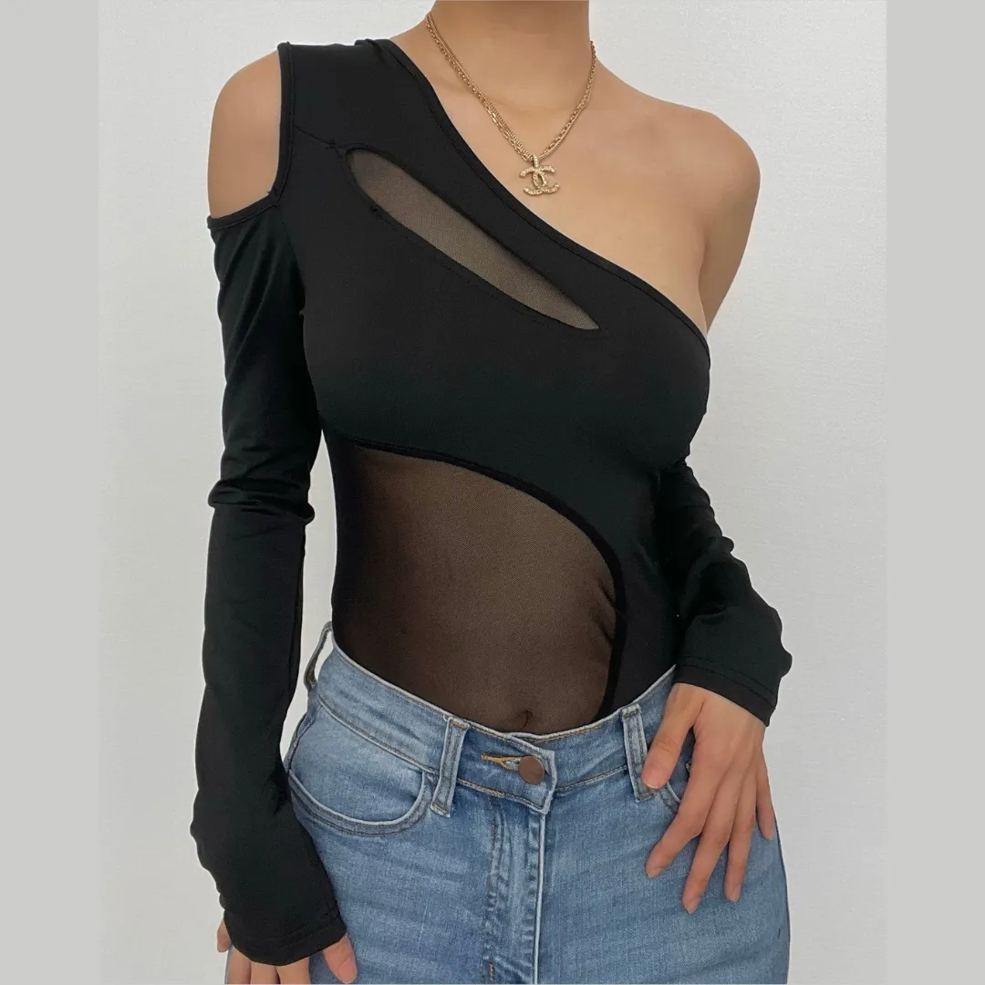 Long sleeve solid mesh backless one shoulder button bodysuit