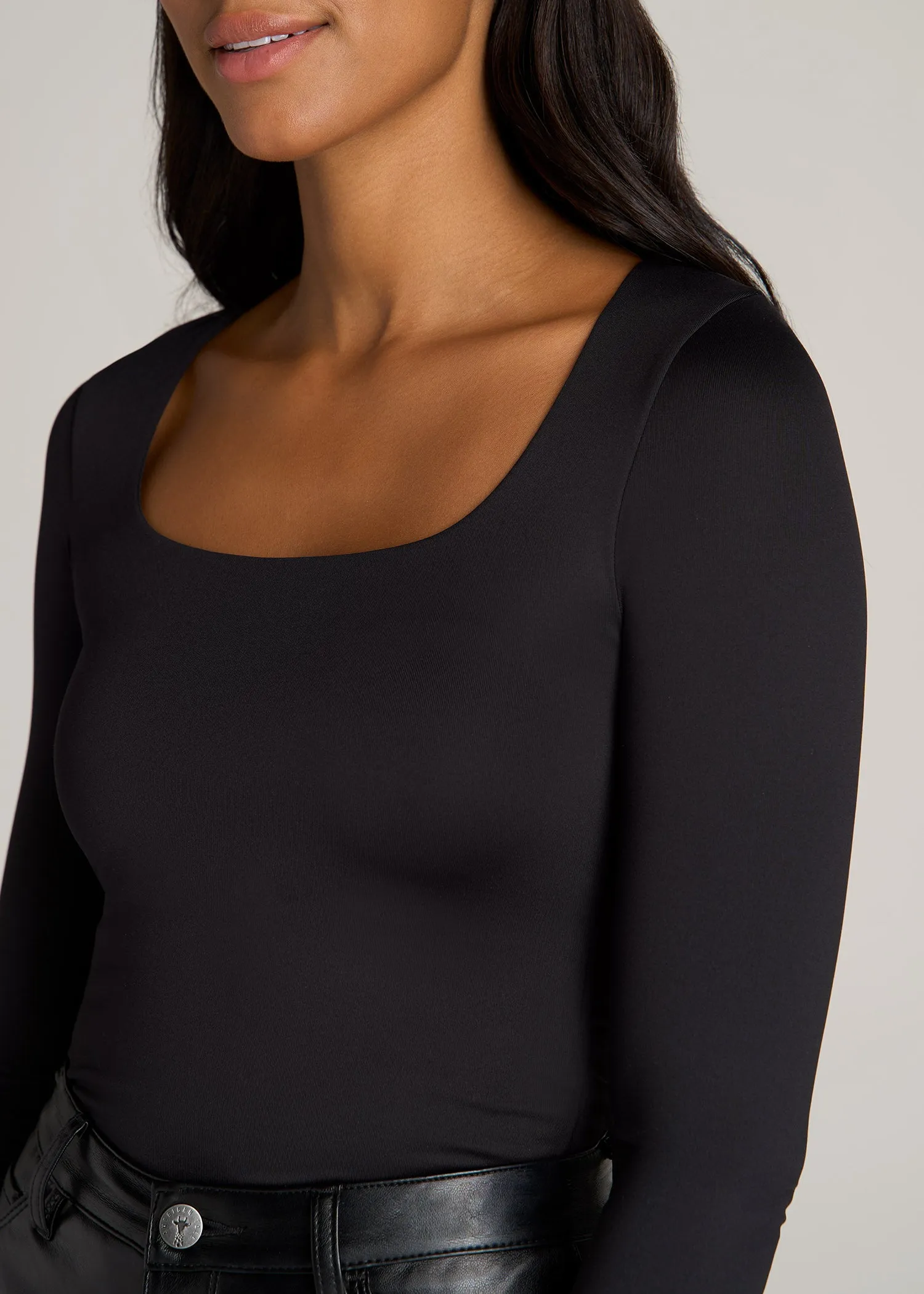 Long Sleeve Square Neck Bodysuit for Tall Women in Black