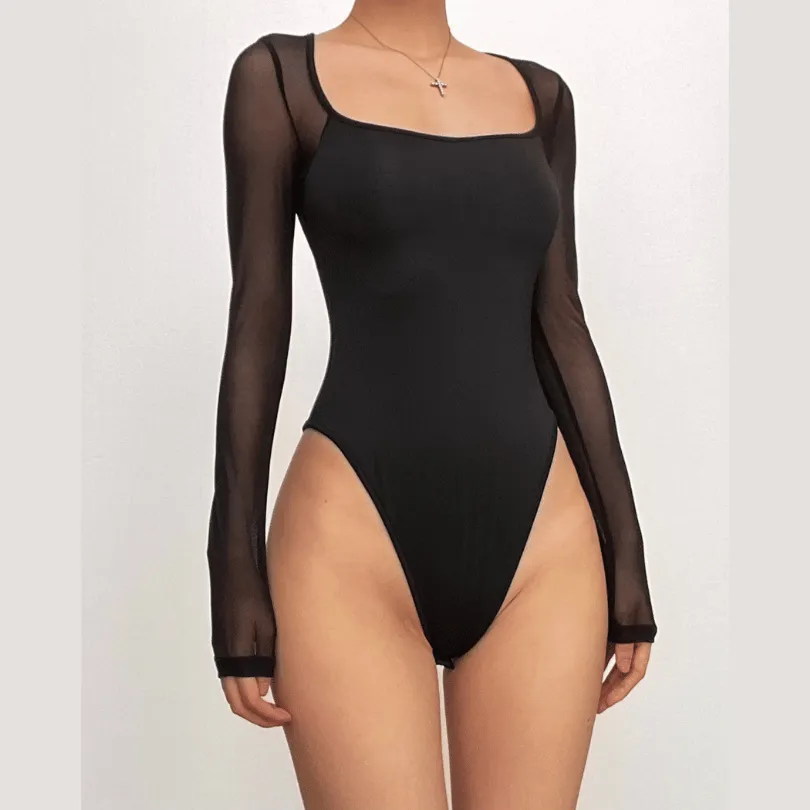 Long sleeve square neck mesh solid patchwork bodysuit