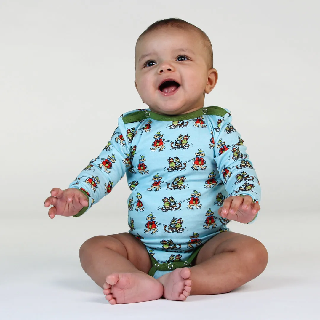 Long sleeved bodysuit- sledding rabbits, stratosphere blue