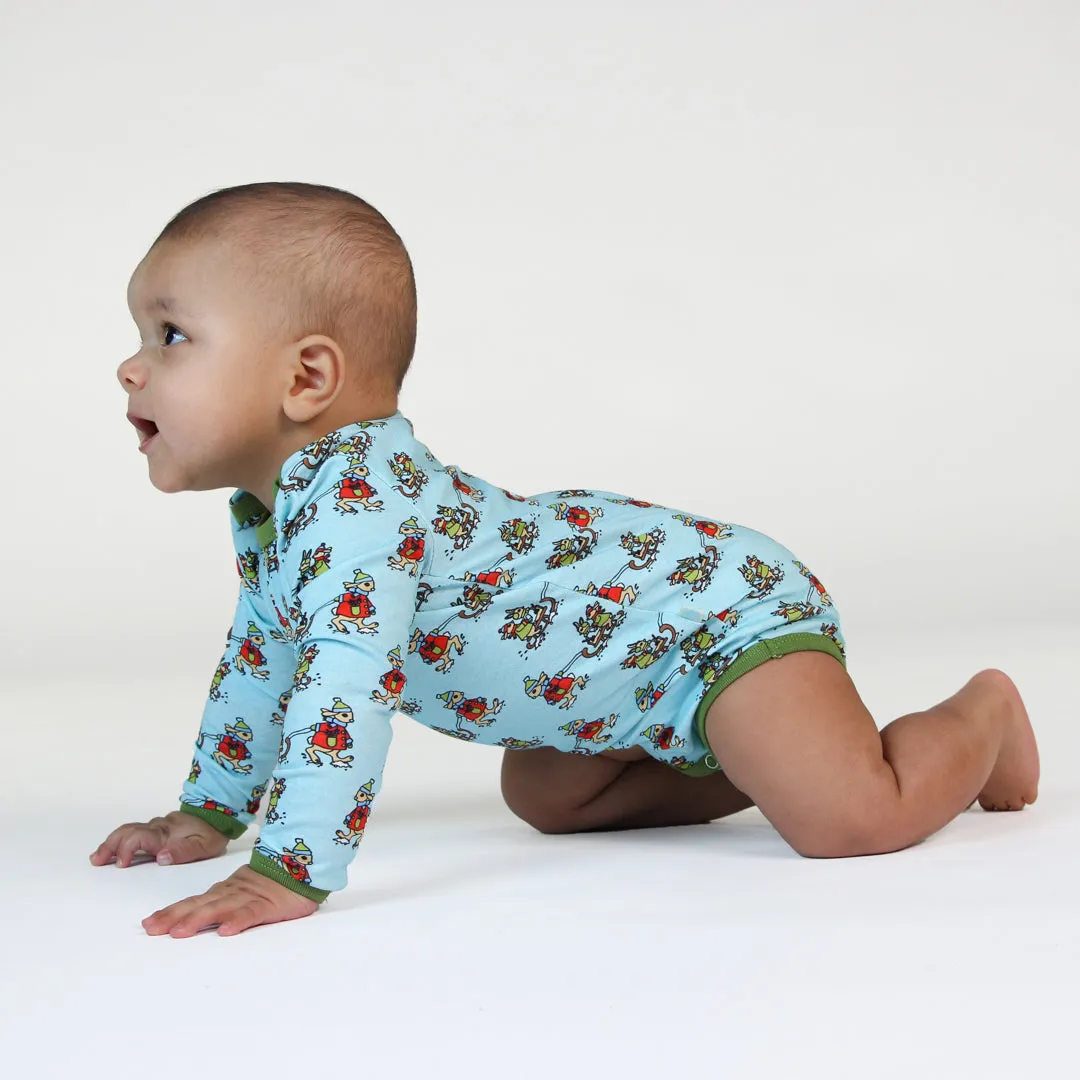 Long sleeved bodysuit- sledding rabbits, stratosphere blue