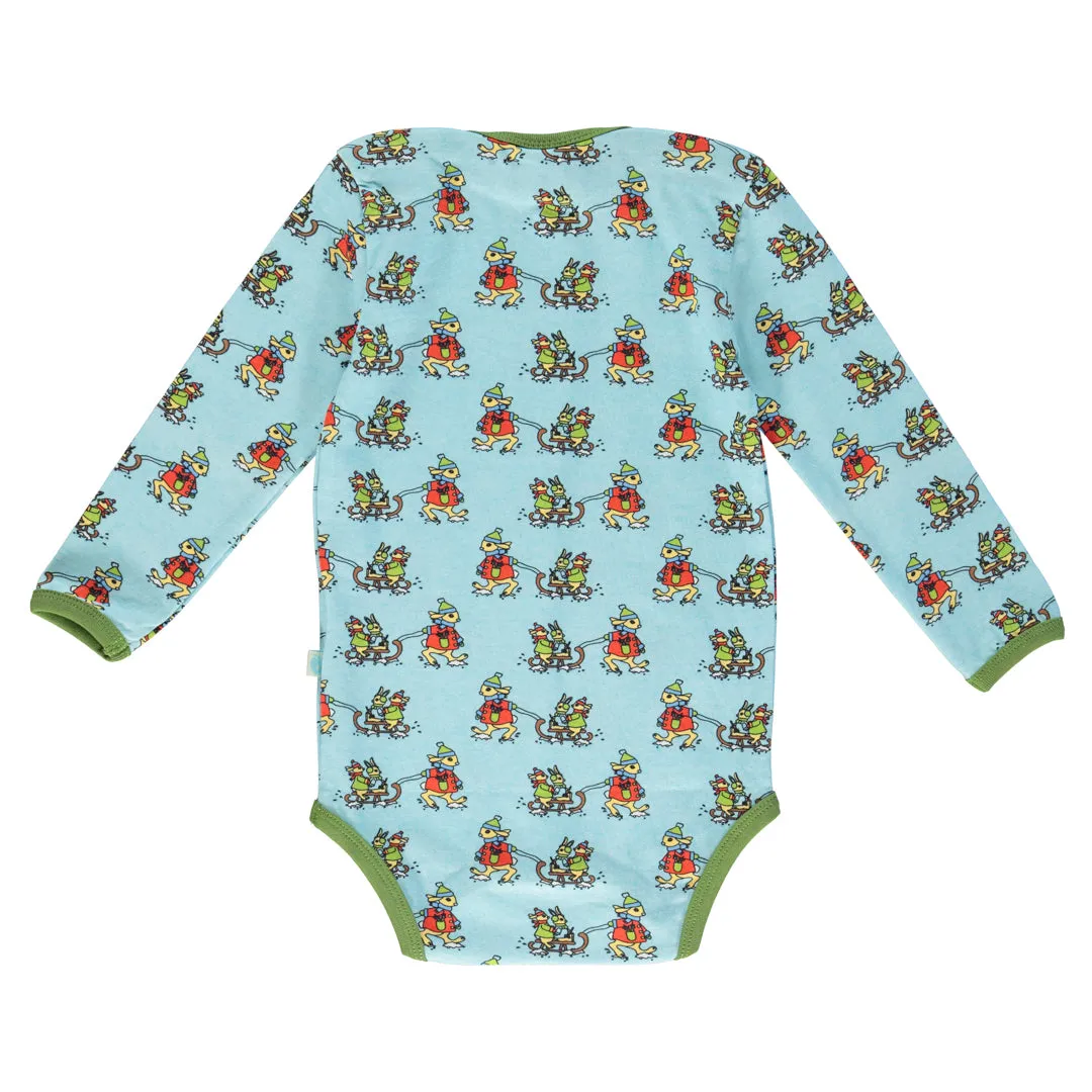 Long sleeved bodysuit- sledding rabbits, stratosphere blue