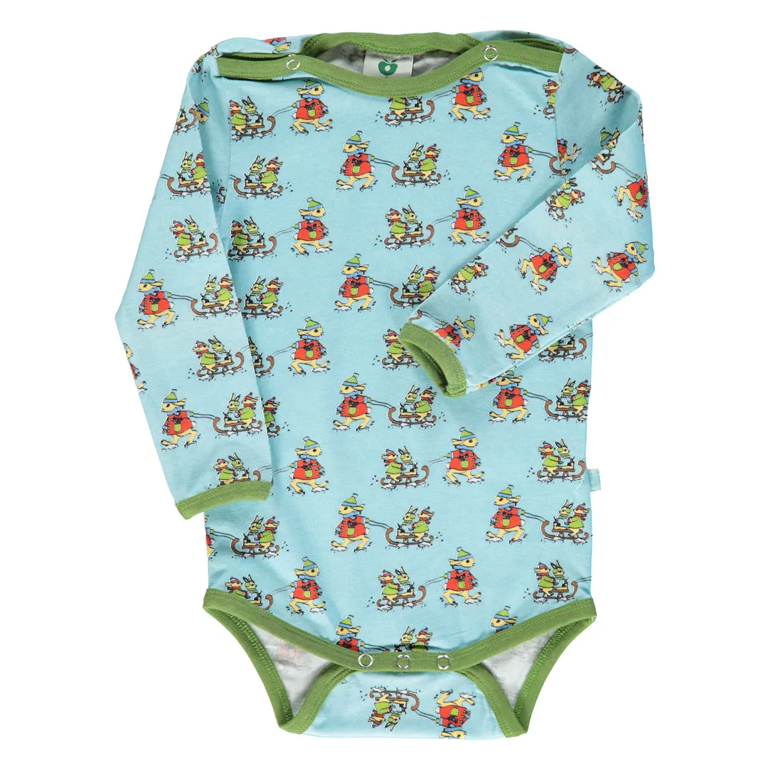 Long sleeved bodysuit- sledding rabbits, stratosphere blue