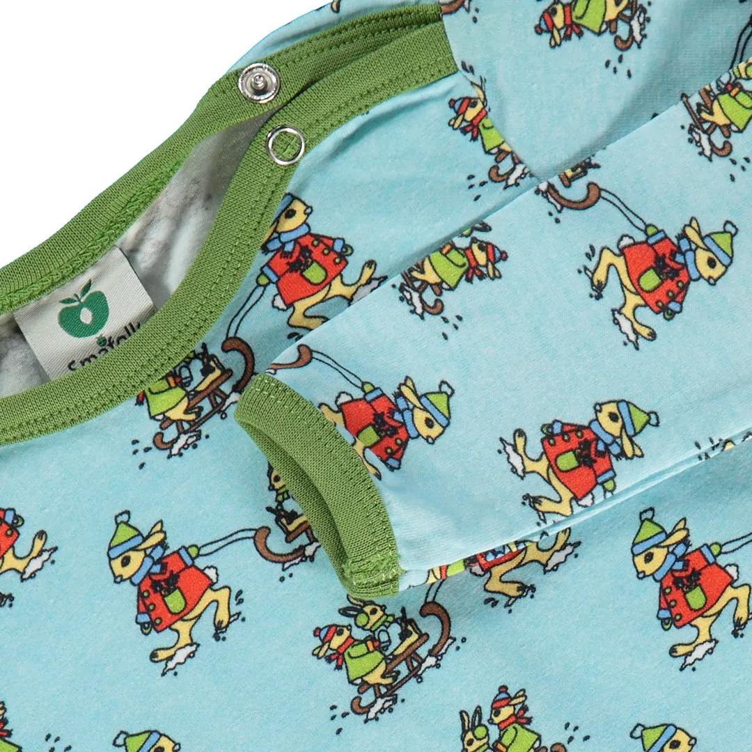 Long sleeved bodysuit- sledding rabbits, stratosphere blue