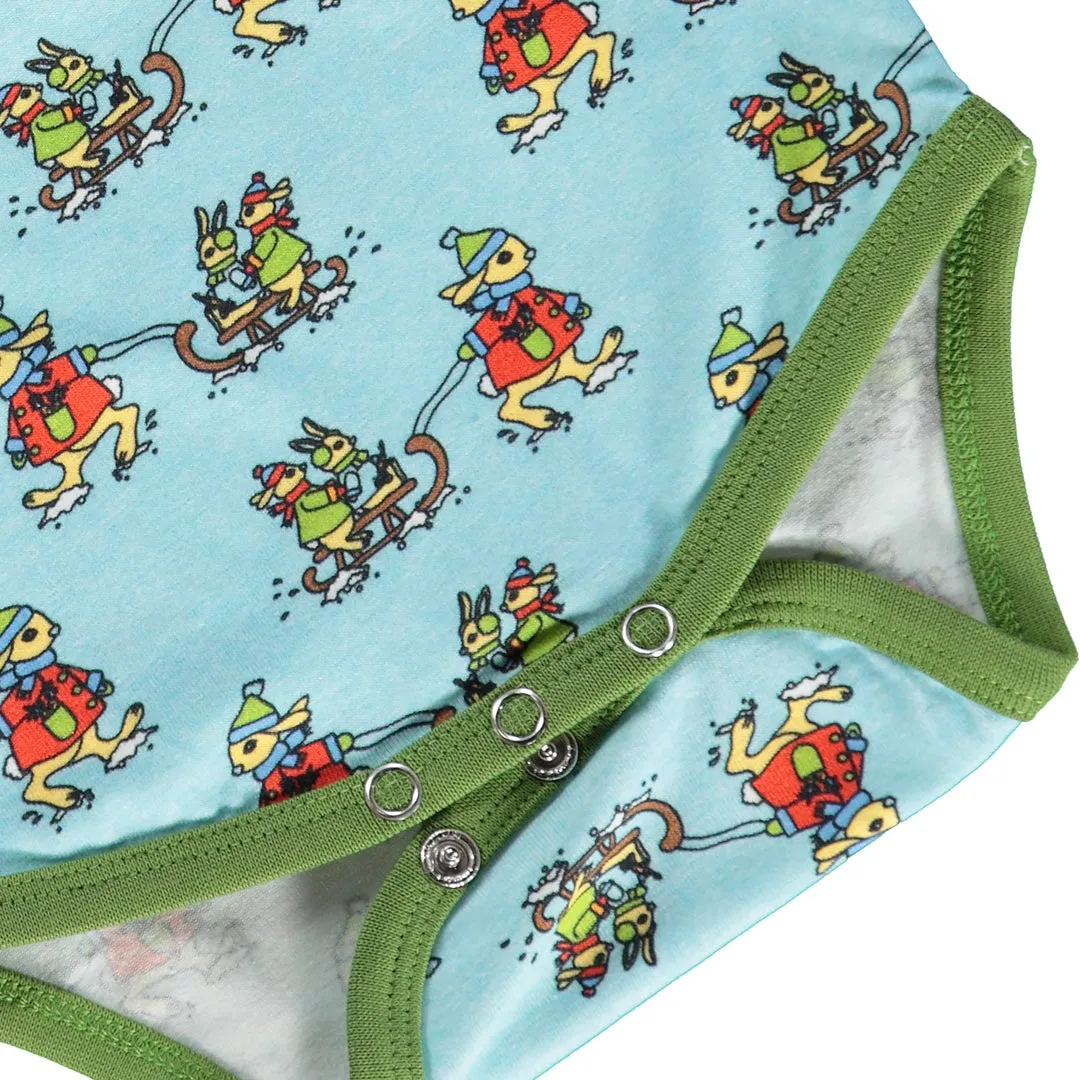 Long sleeved bodysuit- sledding rabbits, stratosphere blue
