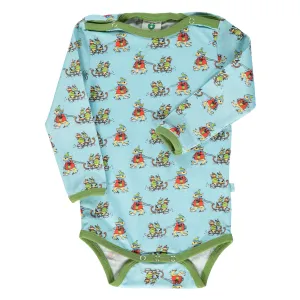 Long sleeved bodysuit- sledding rabbits, stratosphere blue