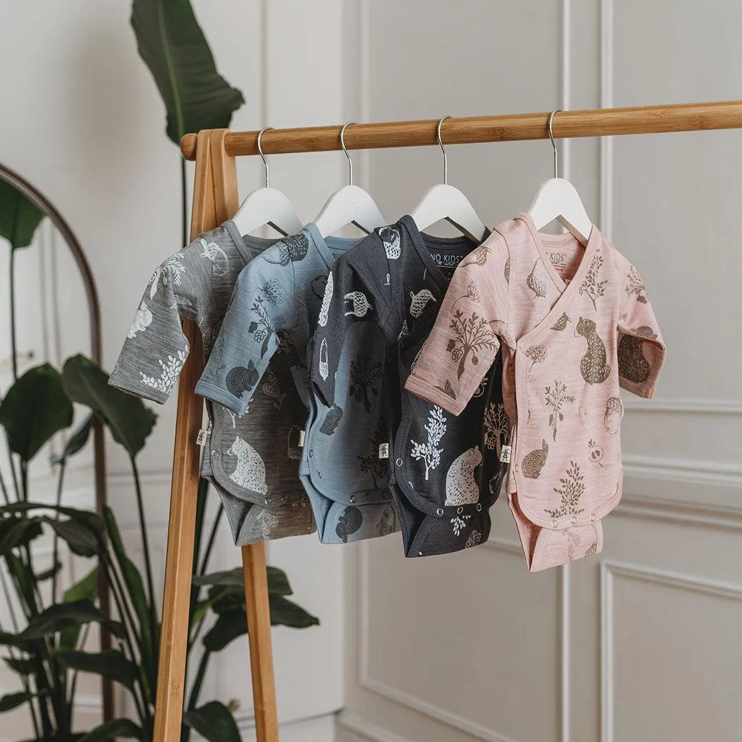 Merino Kids Cocooi Long Sleeve Kimono Bodysuit - Bear Print - Light Grey