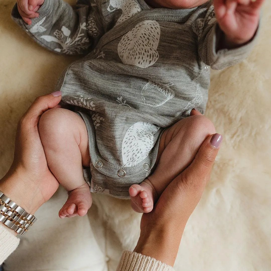 Merino Kids Cocooi Long Sleeve Kimono Bodysuit - Bear Print - Light Grey
