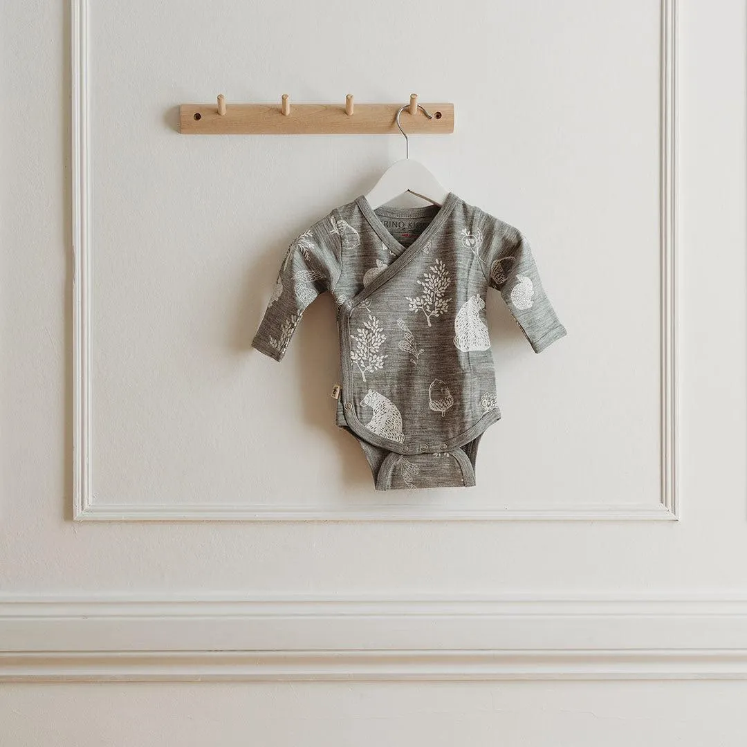Merino Kids Cocooi Long Sleeve Kimono Bodysuit - Bear Print - Light Grey