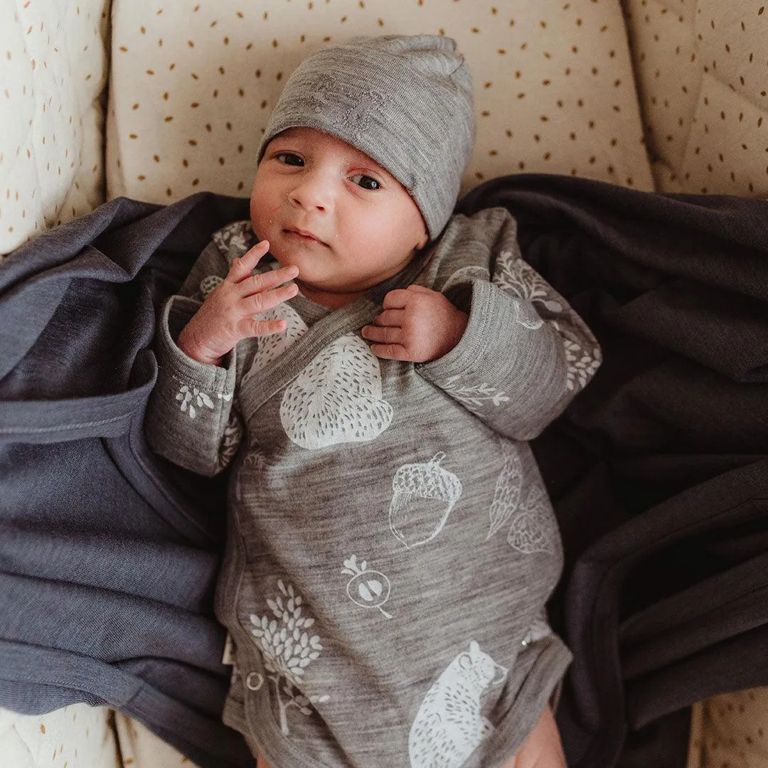 Merino Kids Cocooi Long Sleeve Kimono Bodysuit - Bear Print - Light Grey