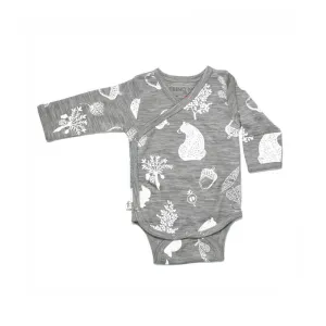 Merino Kids Cocooi Long Sleeve Kimono Bodysuit - Bear Print - Light Grey