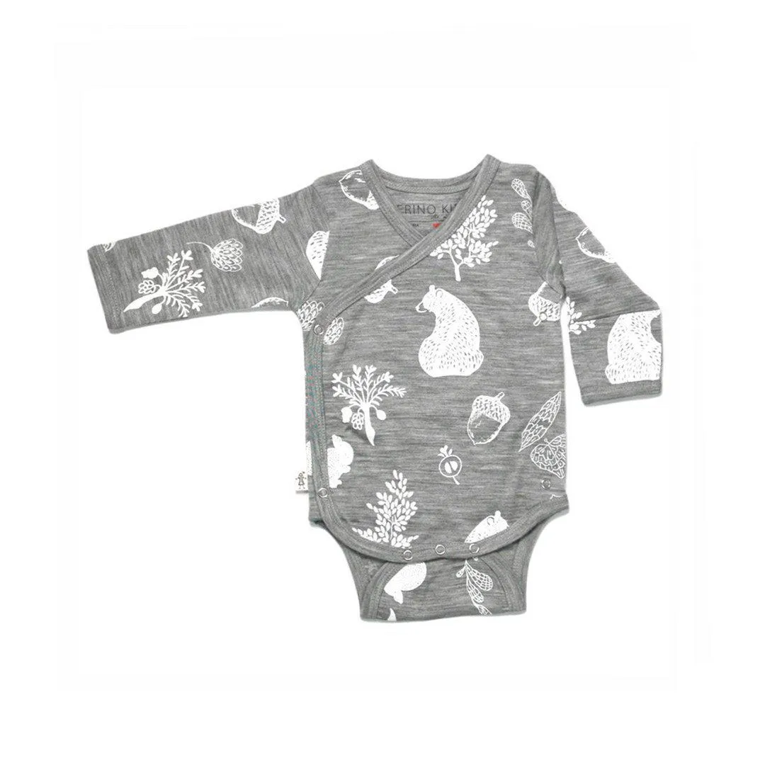 Merino Kids Cocooi Long Sleeve Kimono Bodysuit - Bear Print - Light Grey