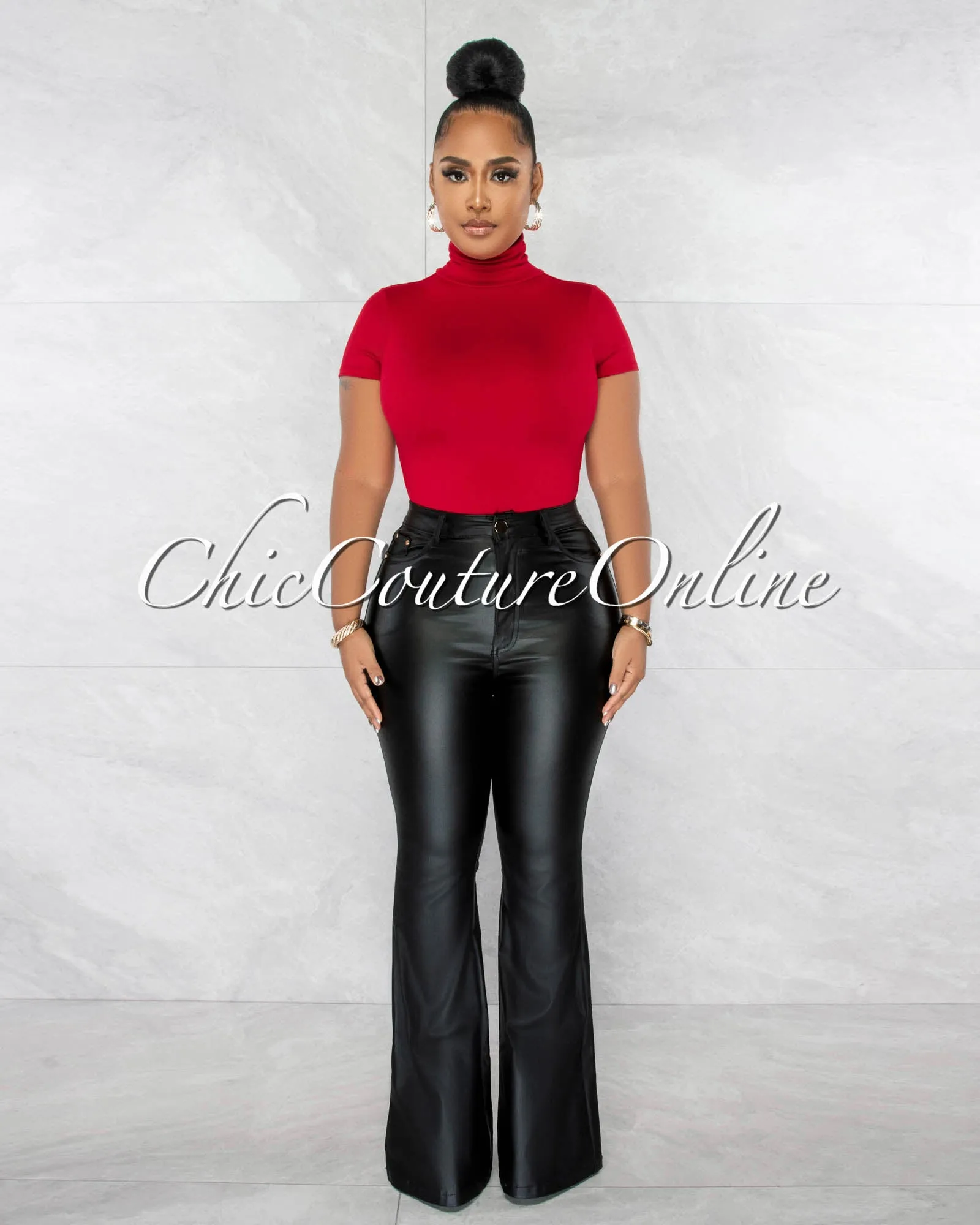 Merlyse Red Mock Neckline Short Sleeves Bodysuit