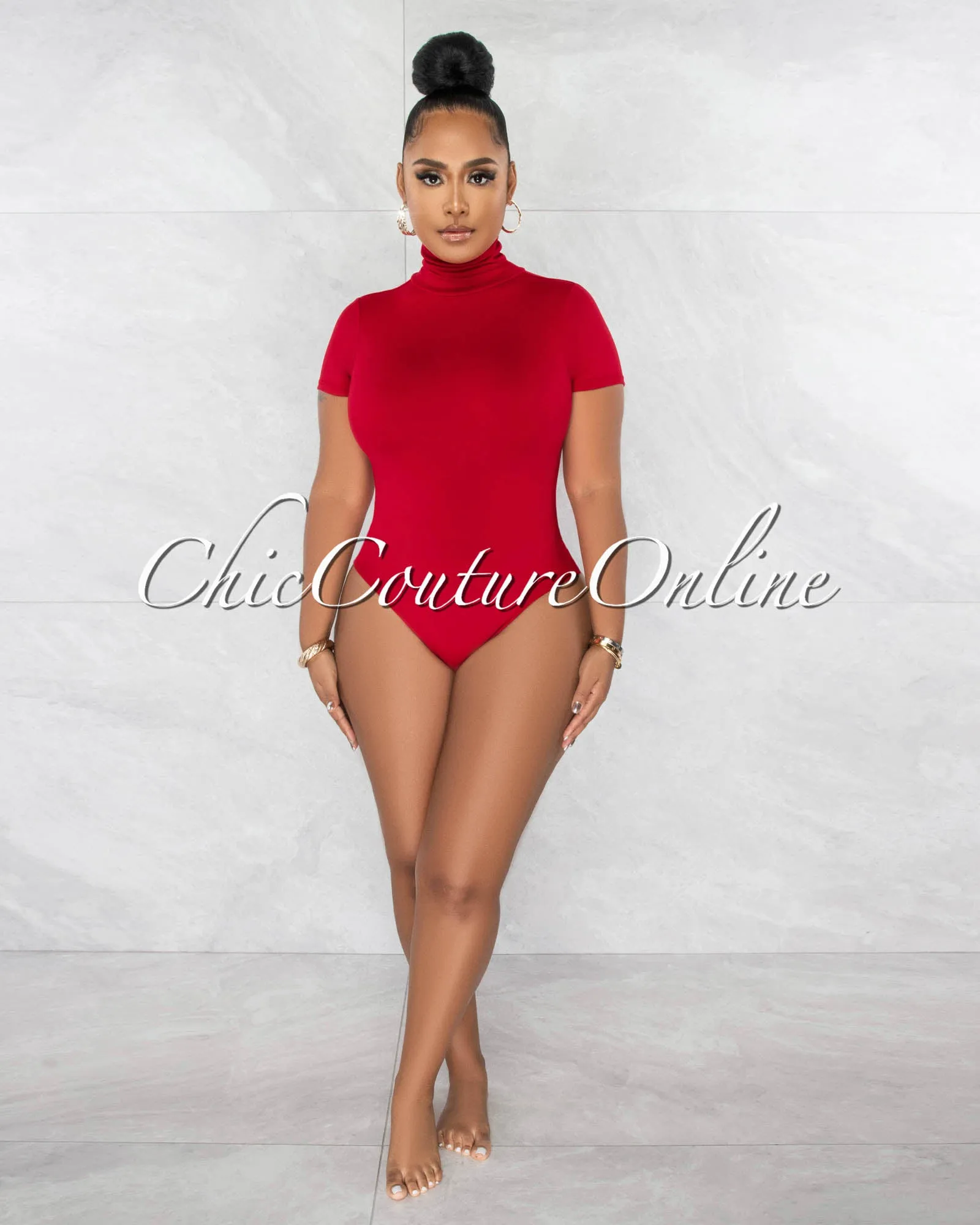 Merlyse Red Mock Neckline Short Sleeves Bodysuit