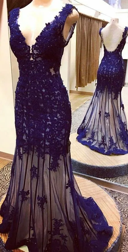 Mermaid Navy Blue Lace Appliques Tulle Long Prom Dress