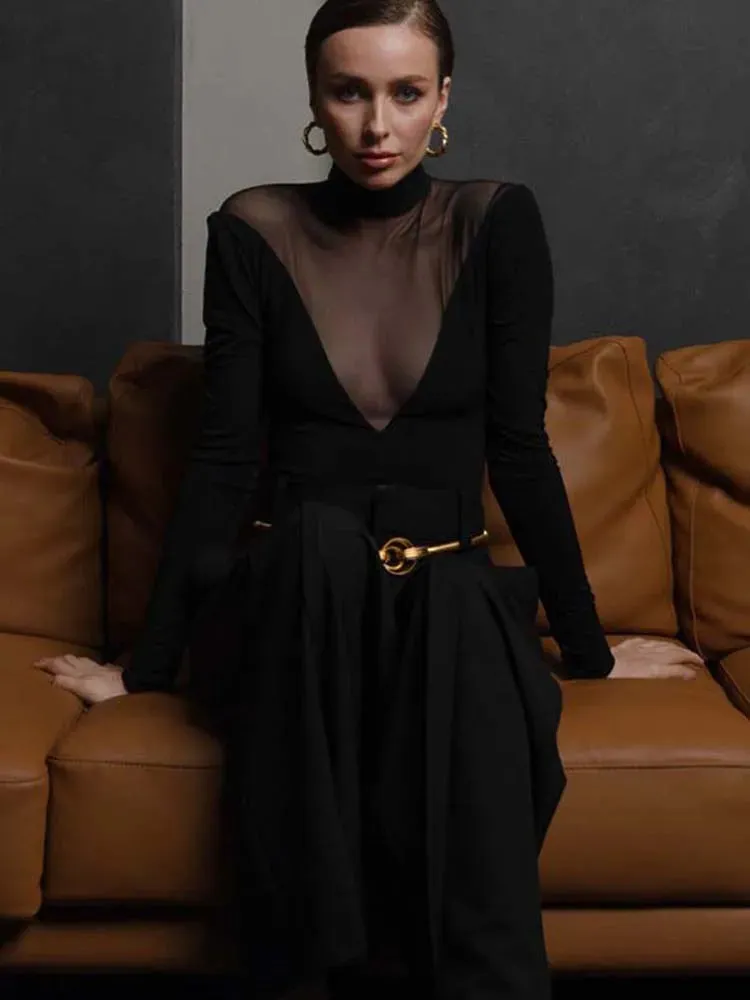 Mesh Patchwork See Through Long Sleeve Bodysuit