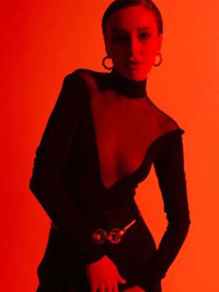 Mesh Patchwork See Through Long Sleeve Bodysuit