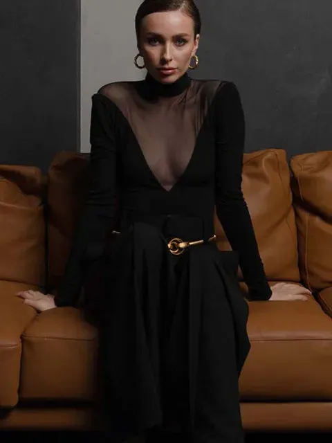 Mesh Patchwork See Through Long Sleeve Bodysuit