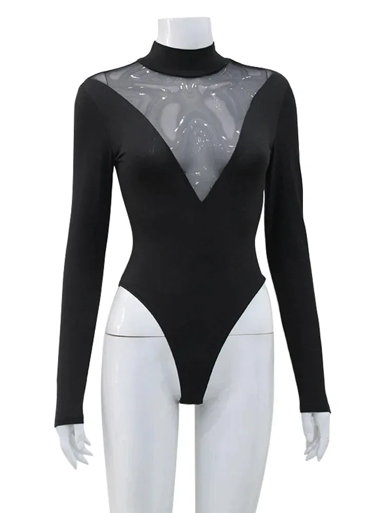 Mesh Patchwork See Through Long Sleeve Bodysuit