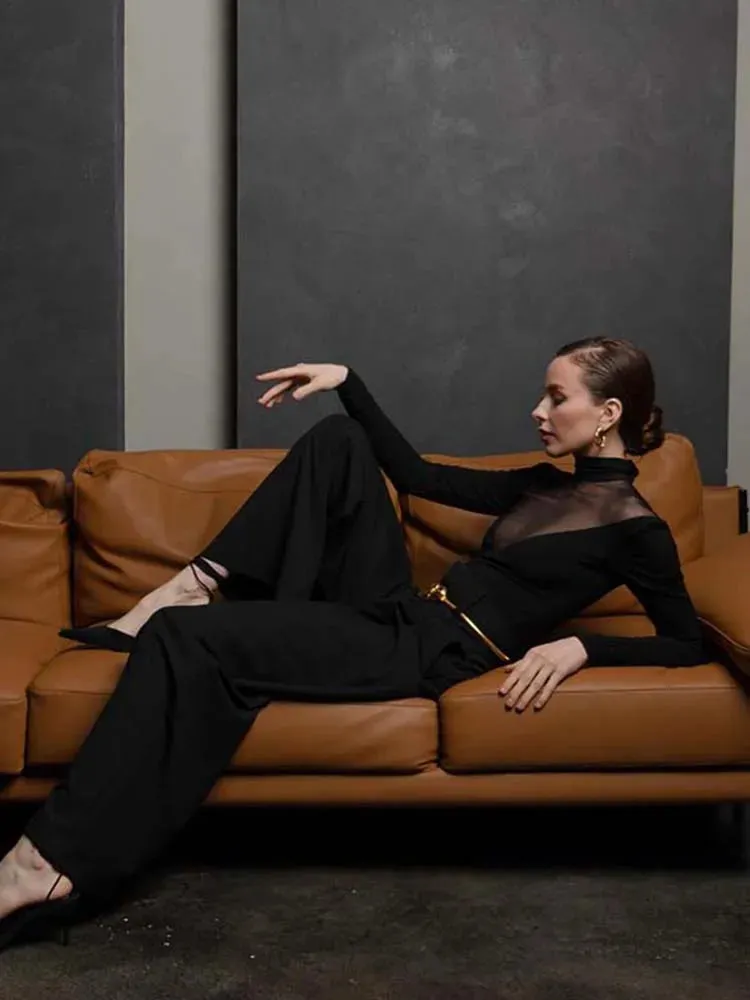 Mesh Patchwork See Through Long Sleeve Bodysuit