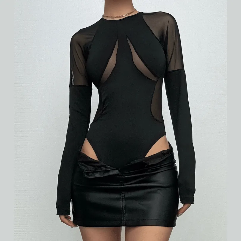 Mesh patchwork solid long sleeve crewneck bodysuit