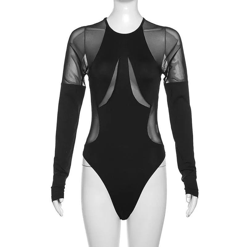 Mesh patchwork solid long sleeve crewneck bodysuit