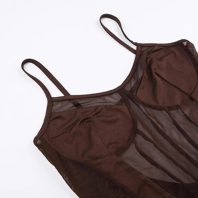 Mesh patchwork v neck solid backless cami bodysuit