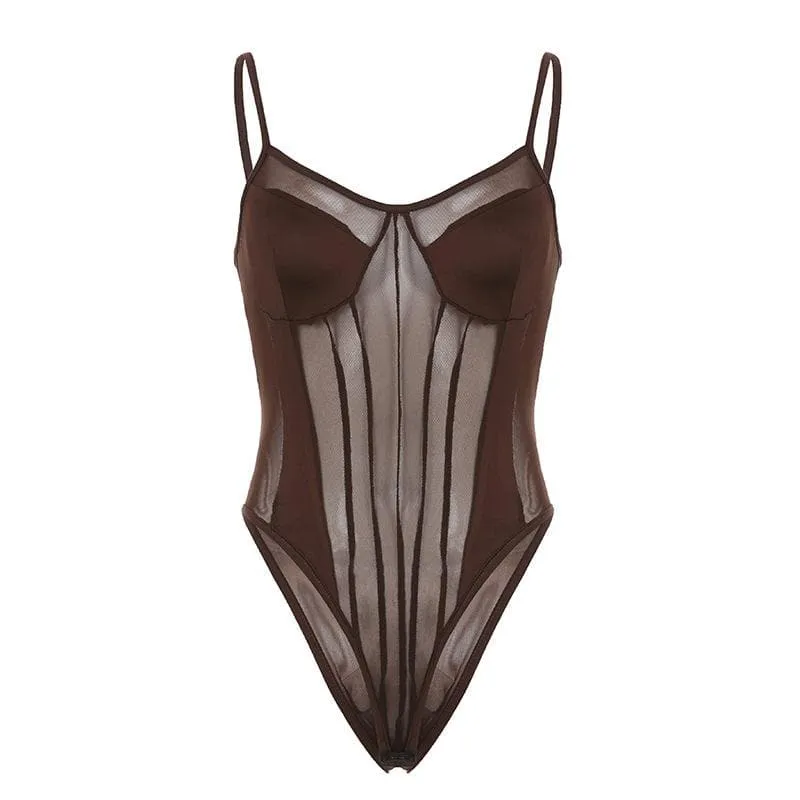 Mesh patchwork v neck solid backless cami bodysuit