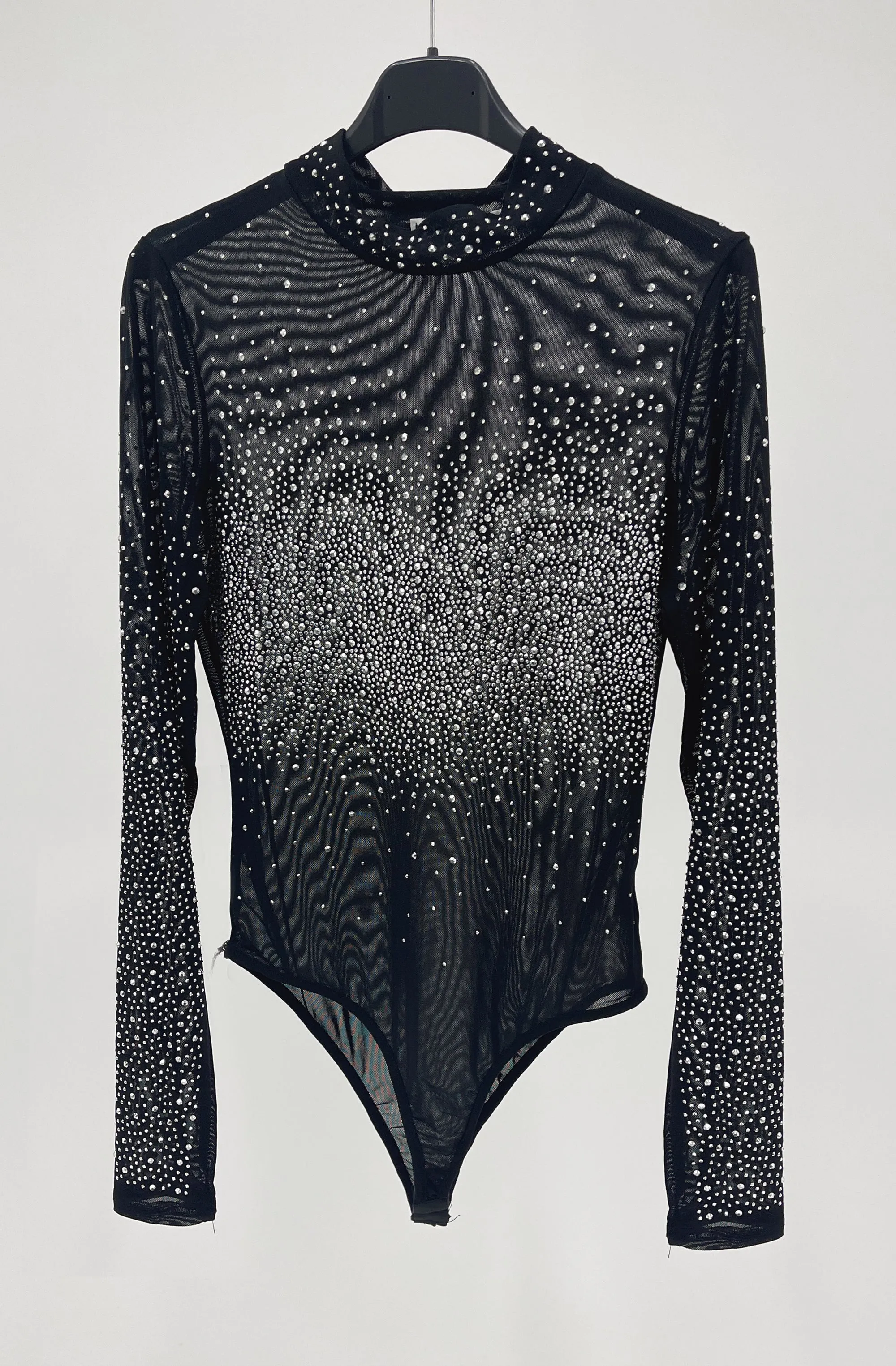 Mesh Rhinestone Mock-neck Bodysuit