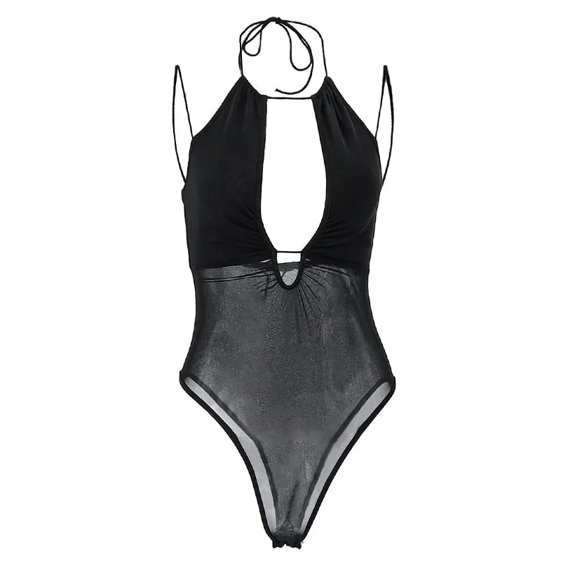 Mesh See Through Black Cut Out Halter Strap Bodysuit