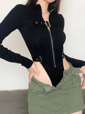 Metal Button Zipper Long Sleeve Cardigan Bodysuits
