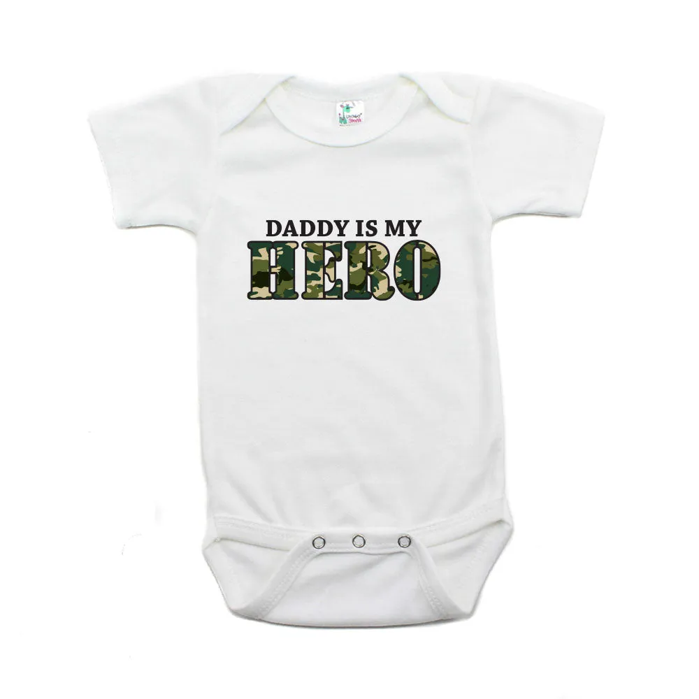Military Daddy Is My Hero Short Sleeve Infant Baby Bodysuit with Camo Accent