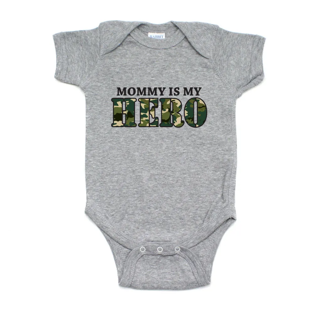 Military Mommy Is My Hero Short Sleeve Infant Baby Bodysuit with Camo Accent