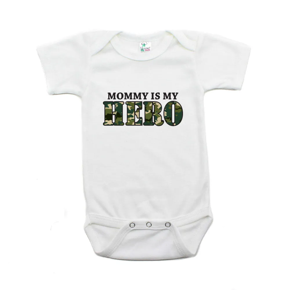 Military Mommy Is My Hero Short Sleeve Infant Baby Bodysuit with Camo Accent