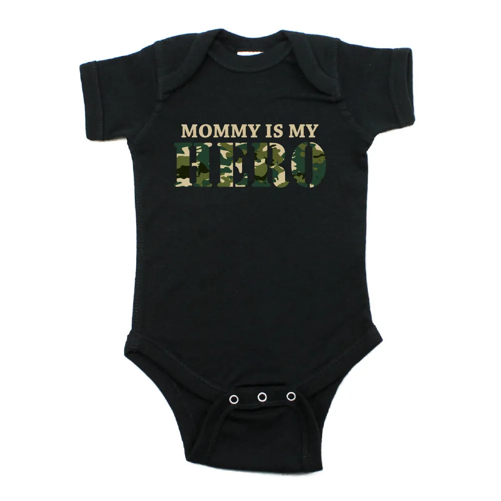 Military Mommy Is My Hero Short Sleeve Infant Baby Bodysuit with Camo Accent