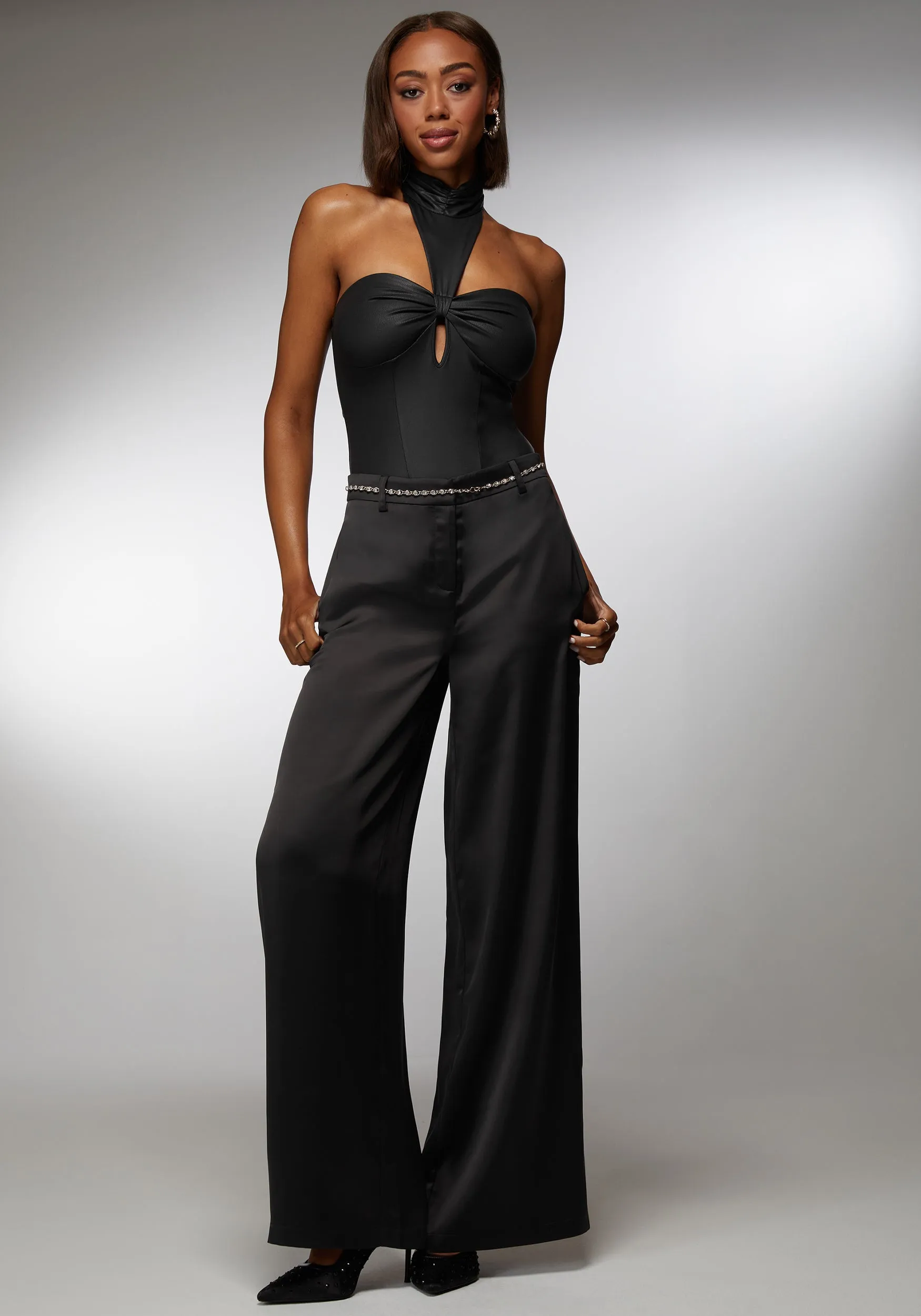 Mock Neck Halter Coated Knit Bodysuit
