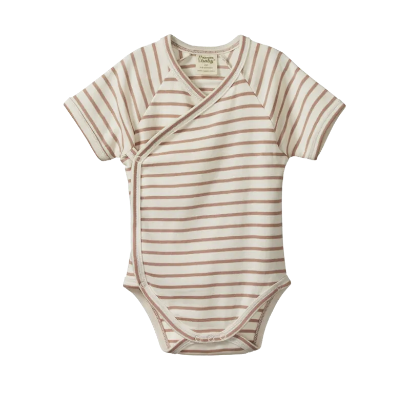 Nature Baby - Short Sleeved Kimono Bodysuit - Nougat Sailor Stripe
