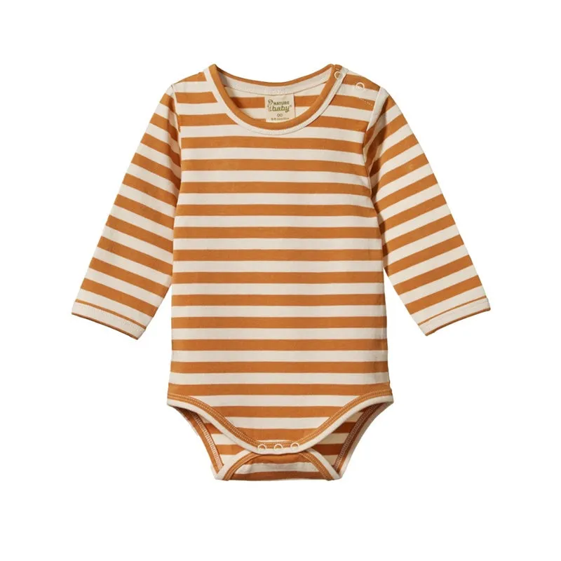 Nature Baby - Stretch Jersey  Long Sleeve Bodysuit - Straw Sea Stripe