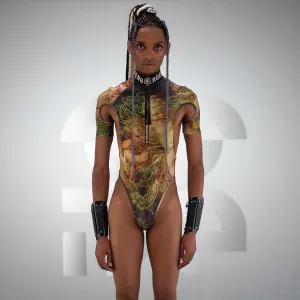 Neon Dragon High-Neck Thong Bodysuit