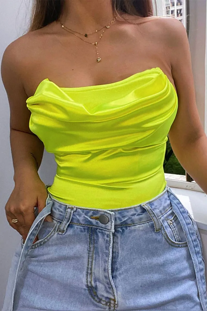 Neon Green Strapless Ruched Bodysuit