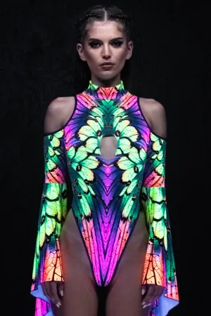 Neon Nymph Cut Out Flare Sleeve Thong Bodysuit