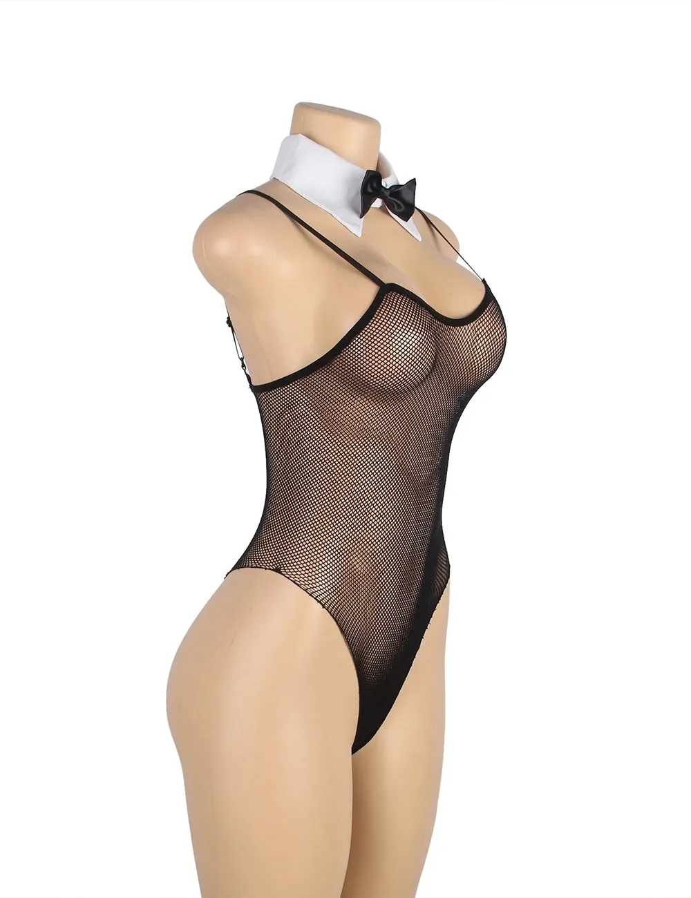 New Black Detachable Tie and Sleeve Sexy Mesh Bodysuit