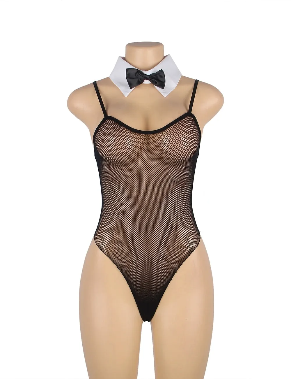 New Black Detachable Tie and Sleeve Sexy Mesh Bodysuit