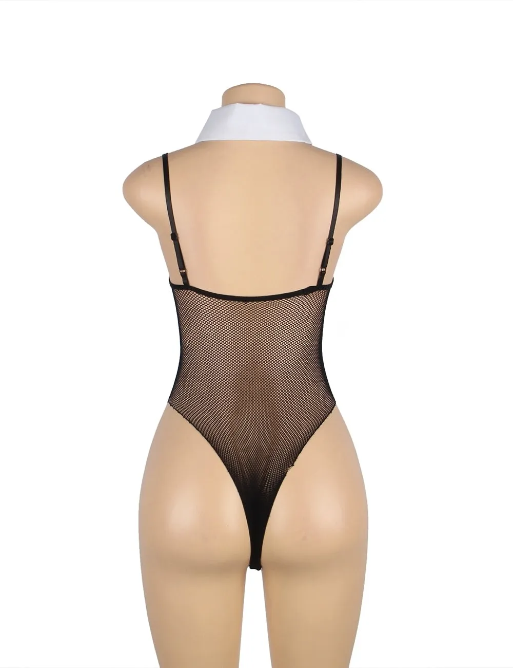 New Black Detachable Tie and Sleeve Sexy Mesh Bodysuit