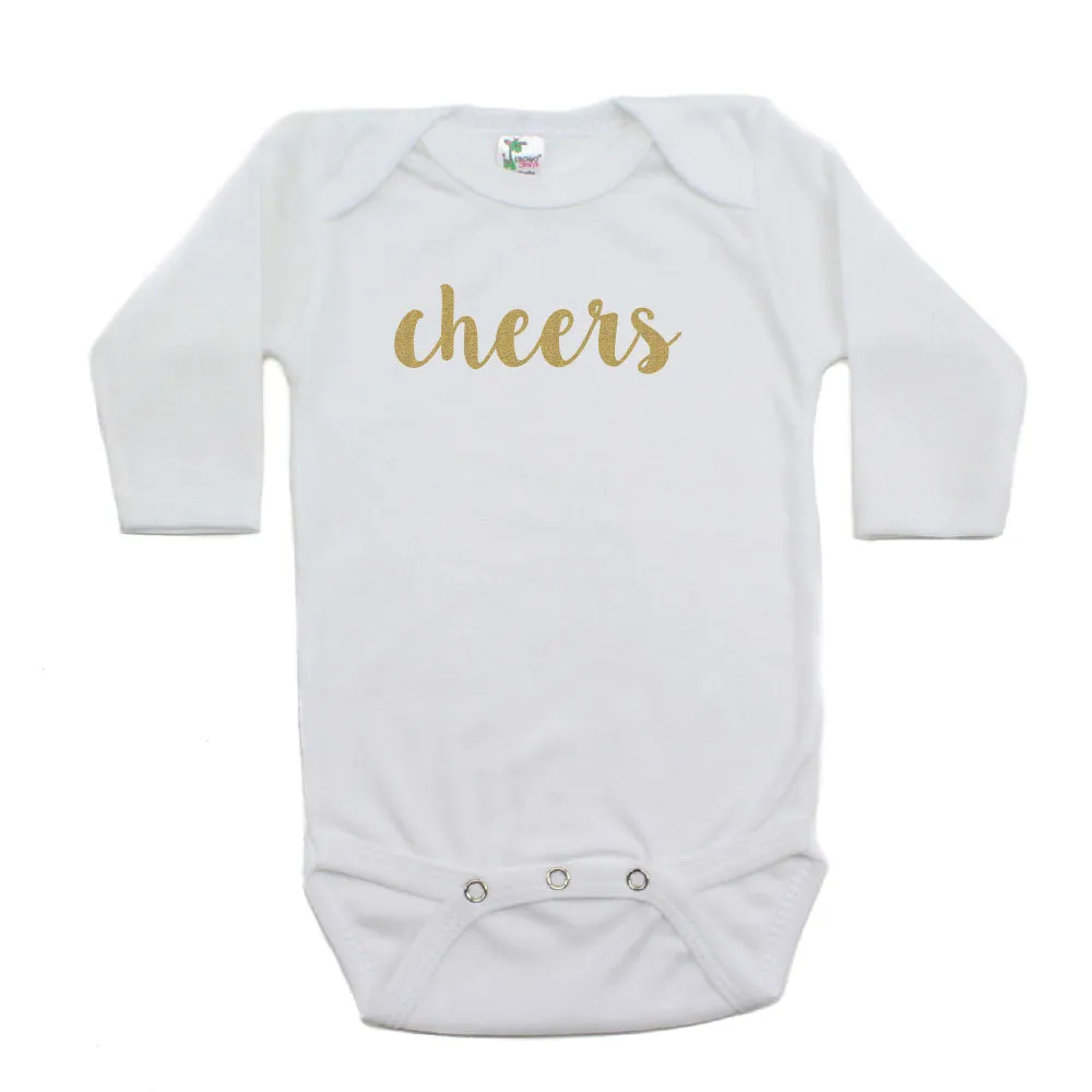 New Years Cheers Long Sleeve Cotton Bodysuit with Glitter