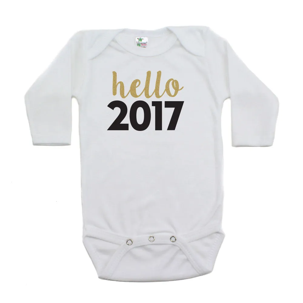 New Years Hello 2017 Long Sleeve Cotton Bodysuit