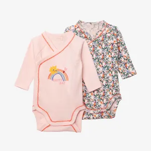 Newborn girls' pink and printed 2-pack bodysuits