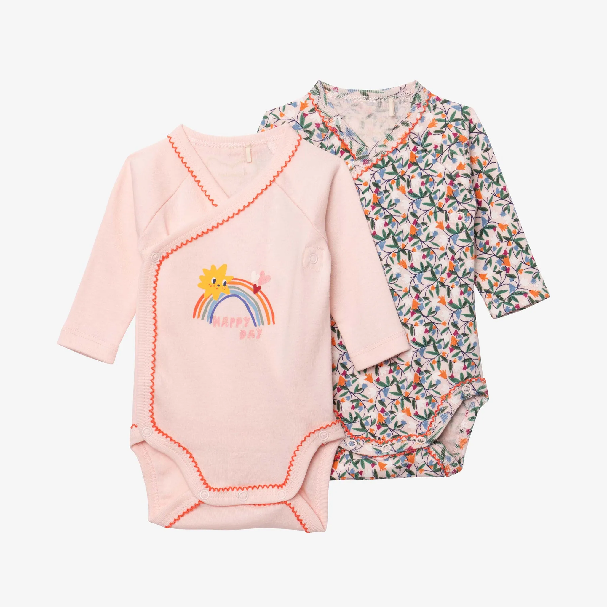 Newborn girls' pink and printed 2-pack bodysuits