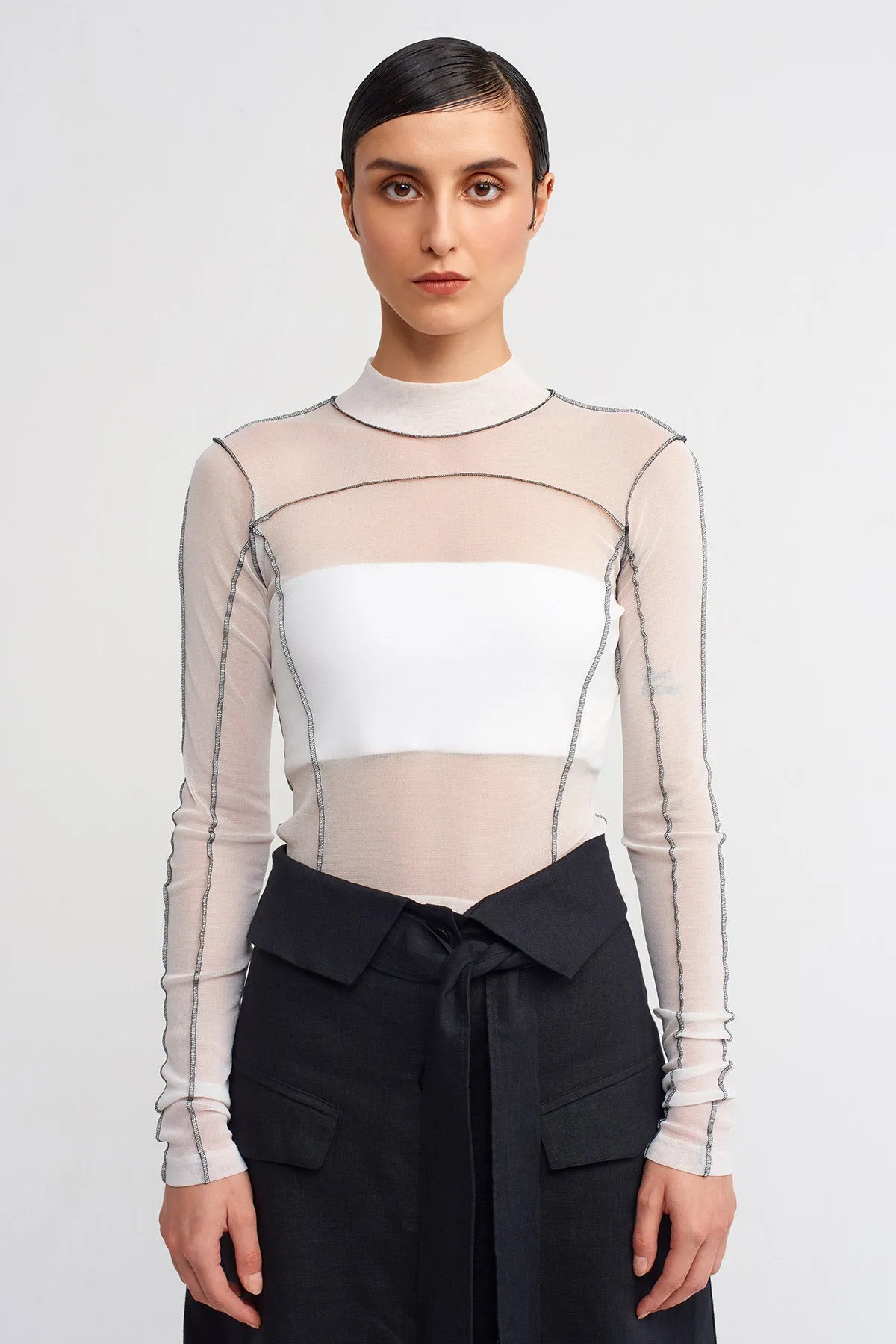 Nu Contrast Stitched Mesh Bodysuit Off White/Black